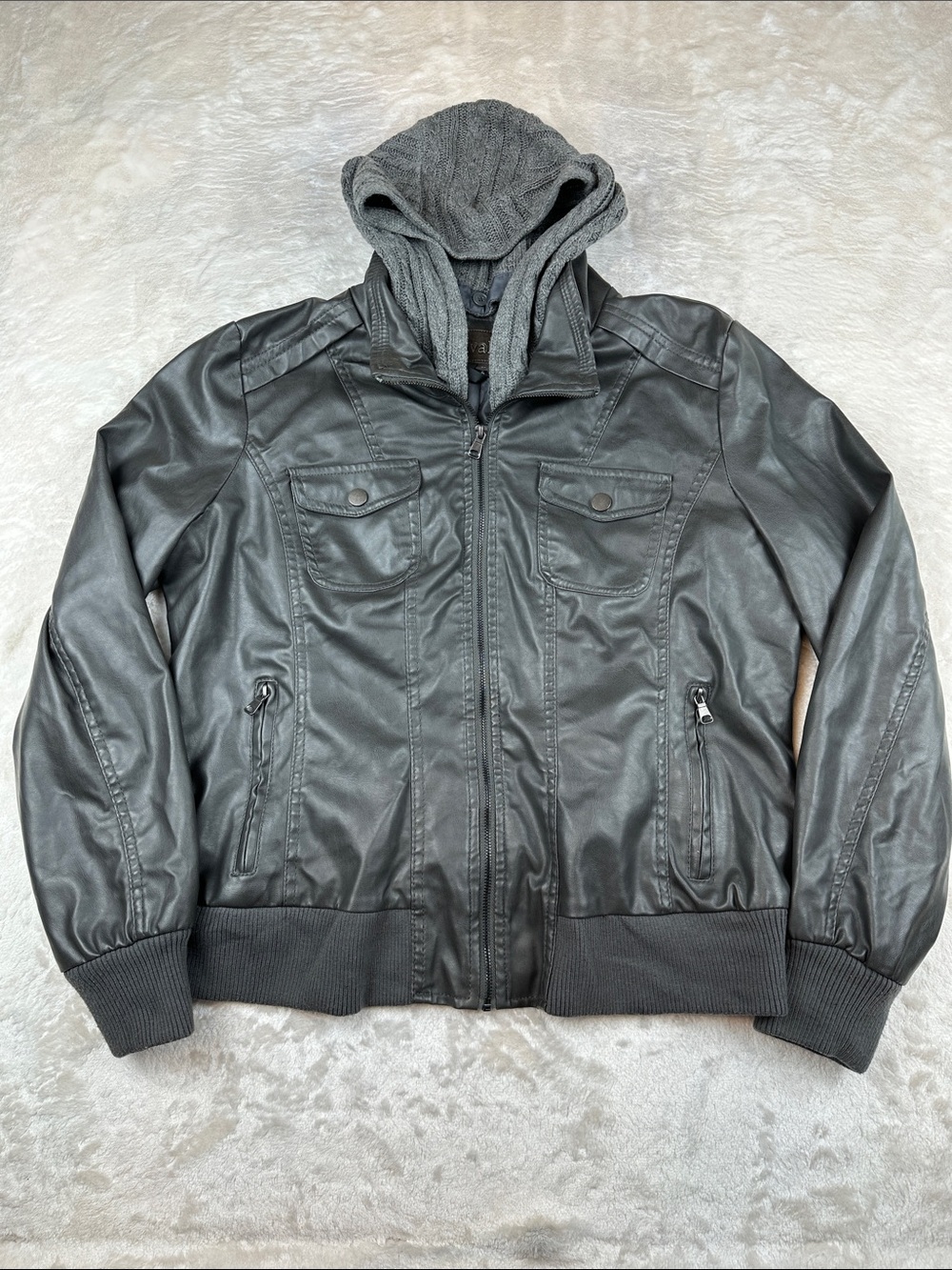Cavalini Women’s 2X Gray Faux Leather Jacket Removable Hood Plus Size Moto